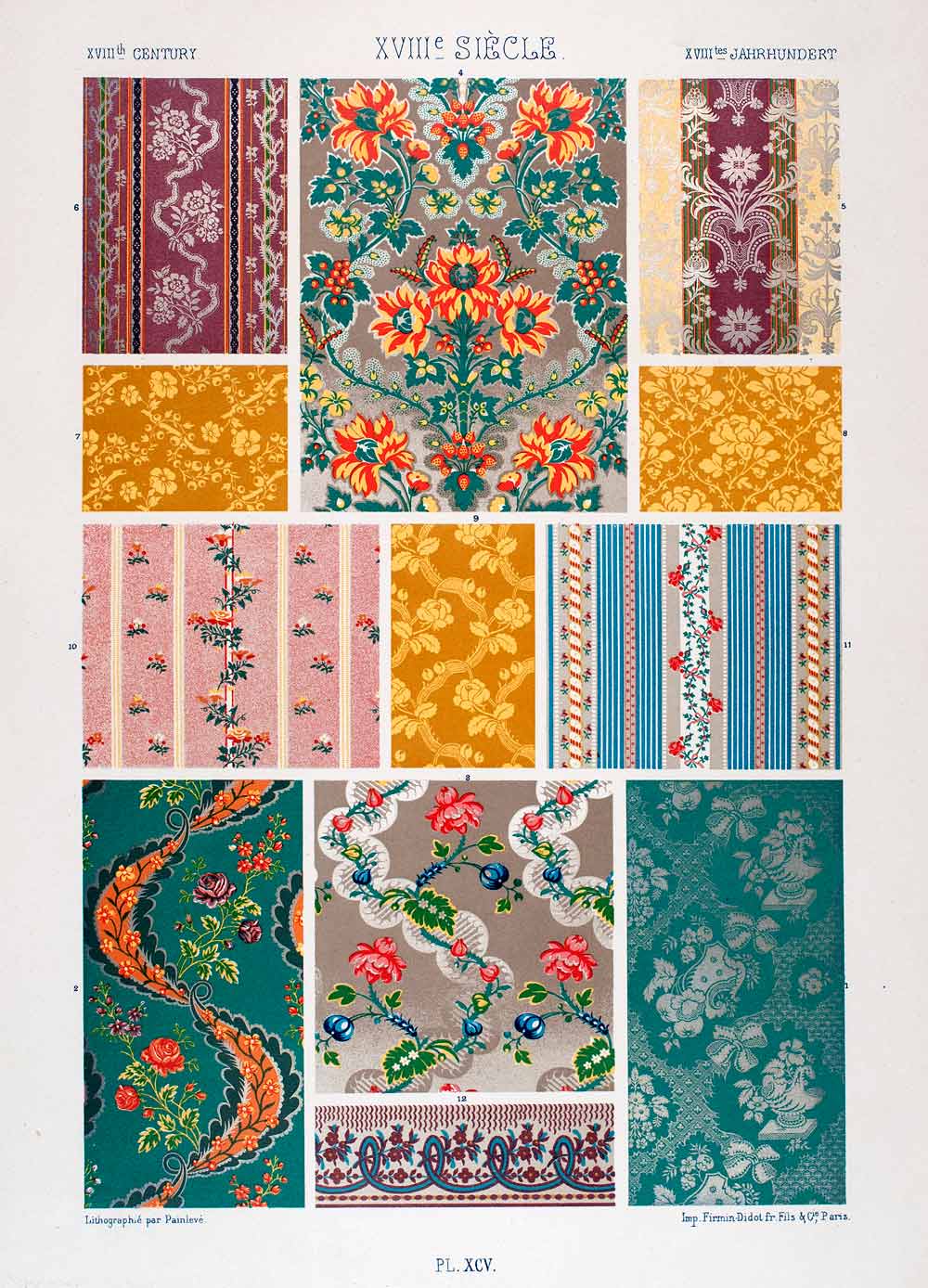 1875 Chromolithograph 18th Century Silk Design Wallpaper Pattern Historical LOR1