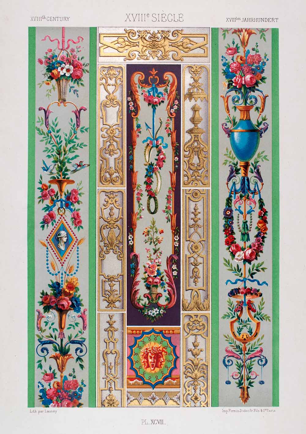1875 Chromolithograph 18th Century Damascene Wallpaper Floral Design LOR1