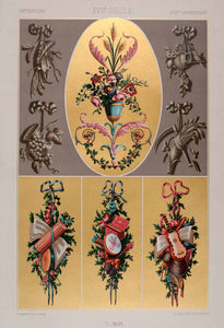 1875 Chromolithograph Bouquet 18th Century Music Instrument Acanthus Fruit LOR1