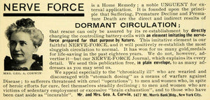 1901 Ad Nerve Force Home Remedy Circulation G.A. Corwin - ORIGINAL LOS1