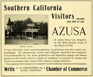 1901 Ad Hotel Azusa California Griffiths Santa Fe Rail - ORIGINAL LOS1
