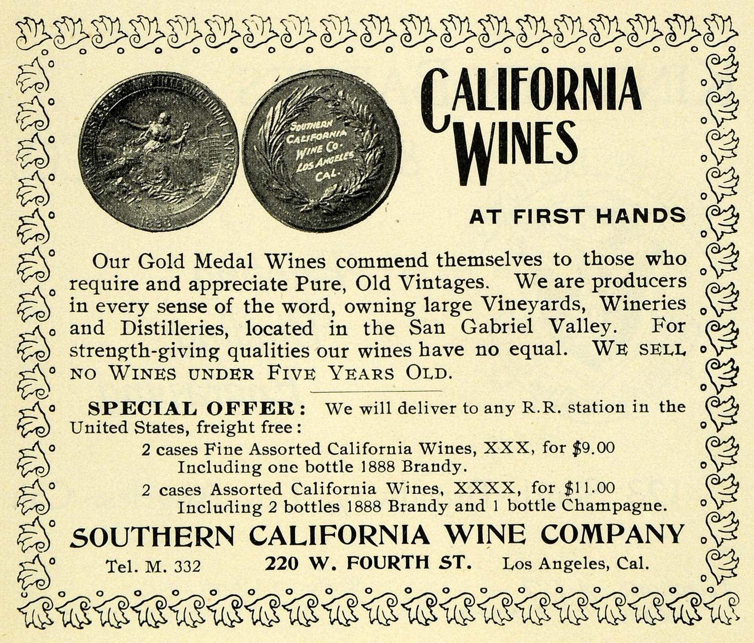 1899 Ad Southern California Gold Medal Wine XXX Brandy - ORIGINAL LOS1