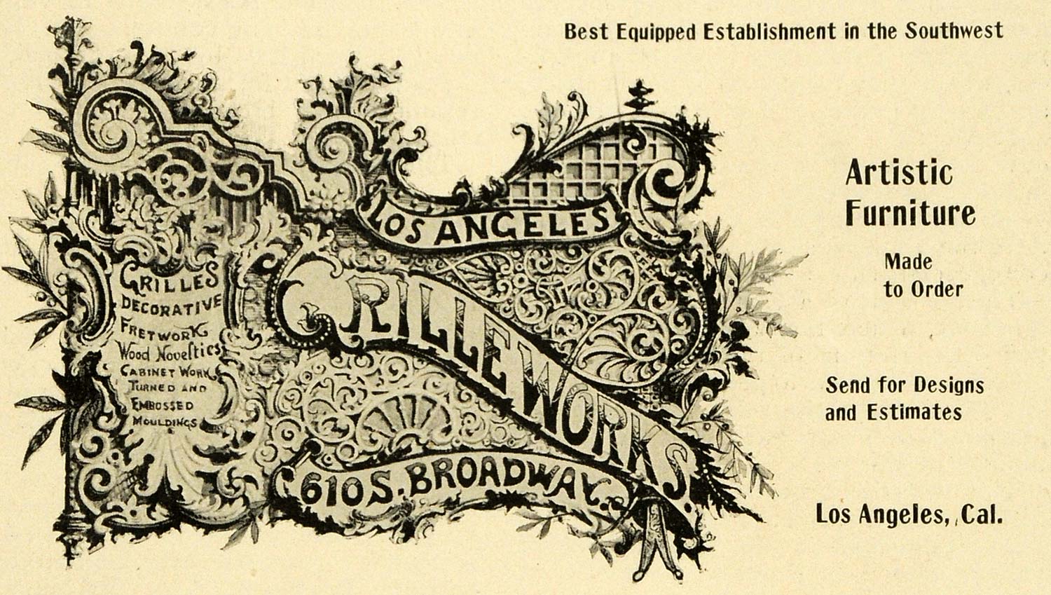 1899 Ad Artistic Furniture Grille Works Los Angeles CA - ORIGINAL LOS1