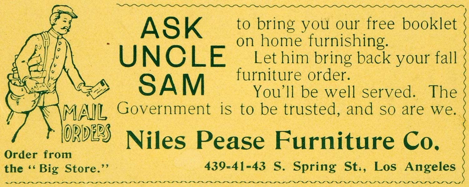 1899 Ad Niles Pease Furniture Uncle Sam Mail Order L.A. - ORIGINAL LOS1