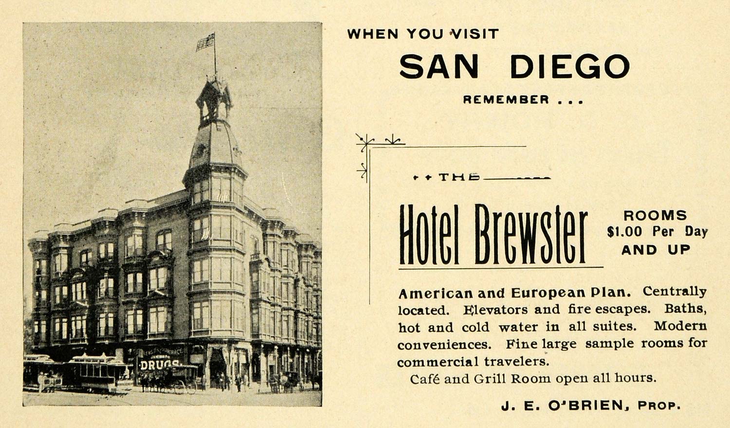1898 Ad San Diego California Hotel Brewster J E O'Brien - ORIGINAL LOS1