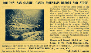 1898 Ad San Gabriel Canon Mountain Resort Follows Bros - ORIGINAL LOS1