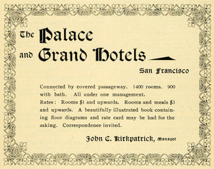 1898 Ad Palace Grand Hotels J. Kirkpatric San Francisco - ORIGINAL LOS1