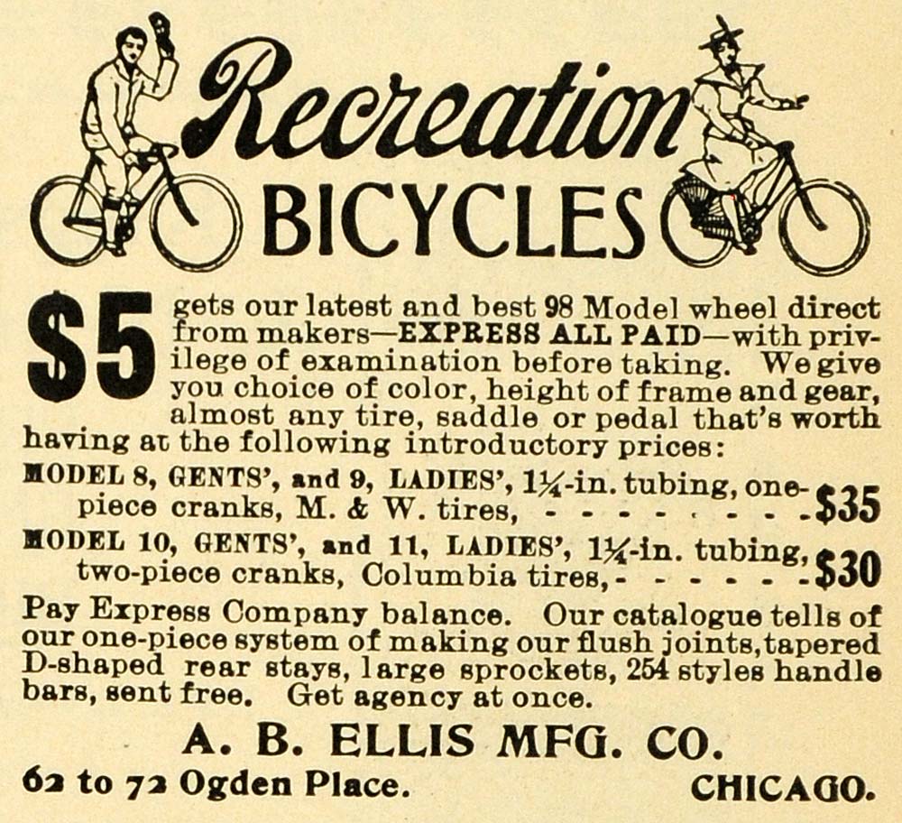 1898 Ad A. B. Ellis Recreation Bicycles Models Pricing - ORIGINAL LOS1