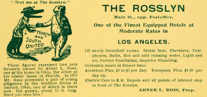 1899 Ad Rosslyn Hotel Los Angeles Abner L. Ross Rates - ORIGINAL LOS1