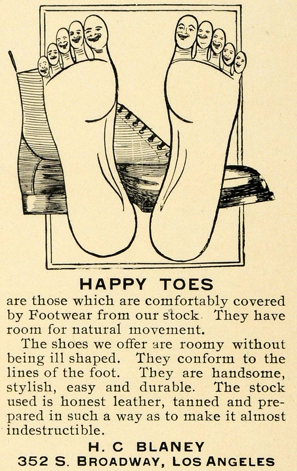 1899 Ad H. C. Blaney Footwear Happy Toes Los Angeles - ORIGINAL ADVERTISING LOS1