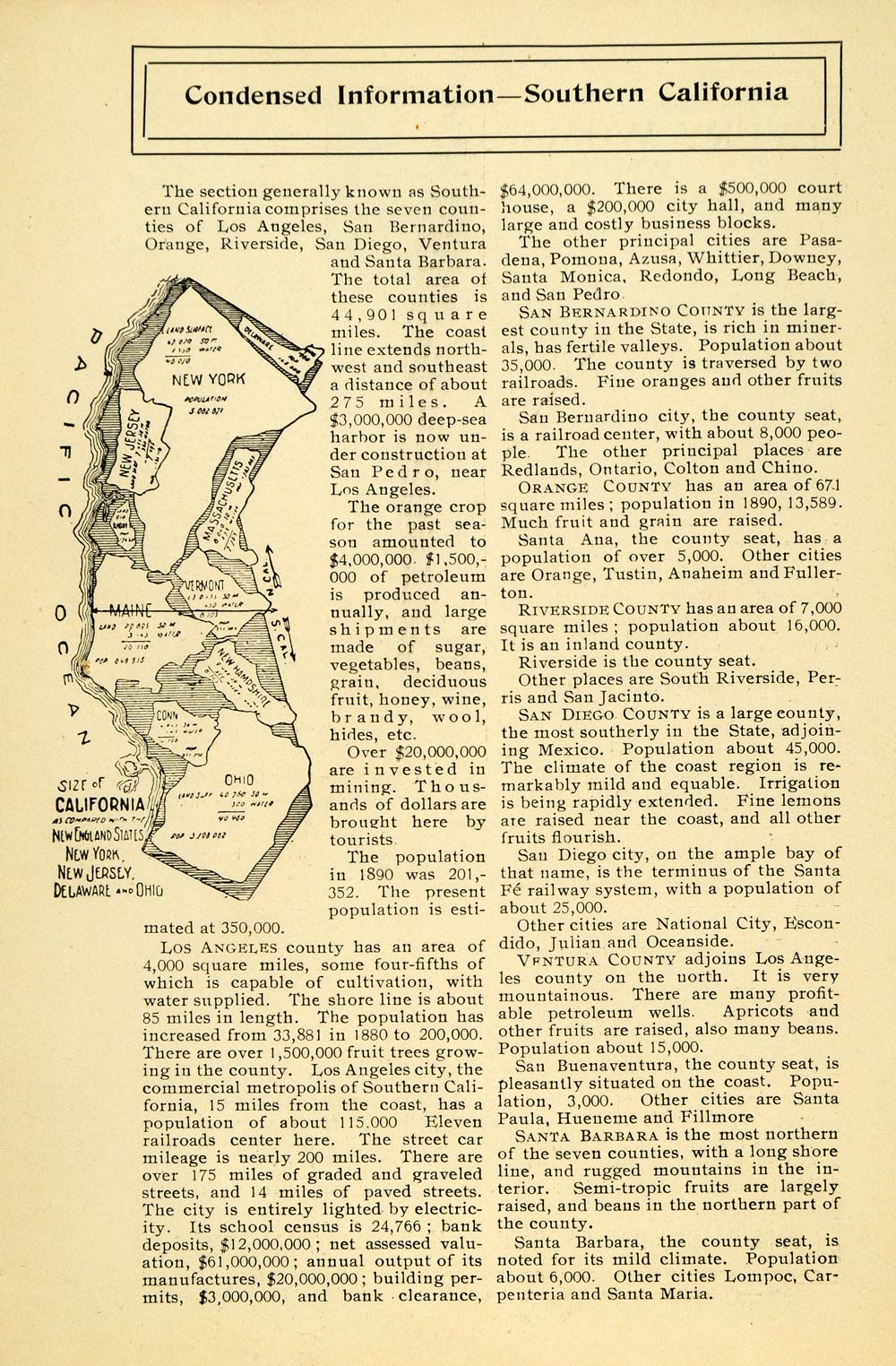 1899 Print Crops Railroad Mine Populous Map California ORIGINAL HISTORIC LOS1