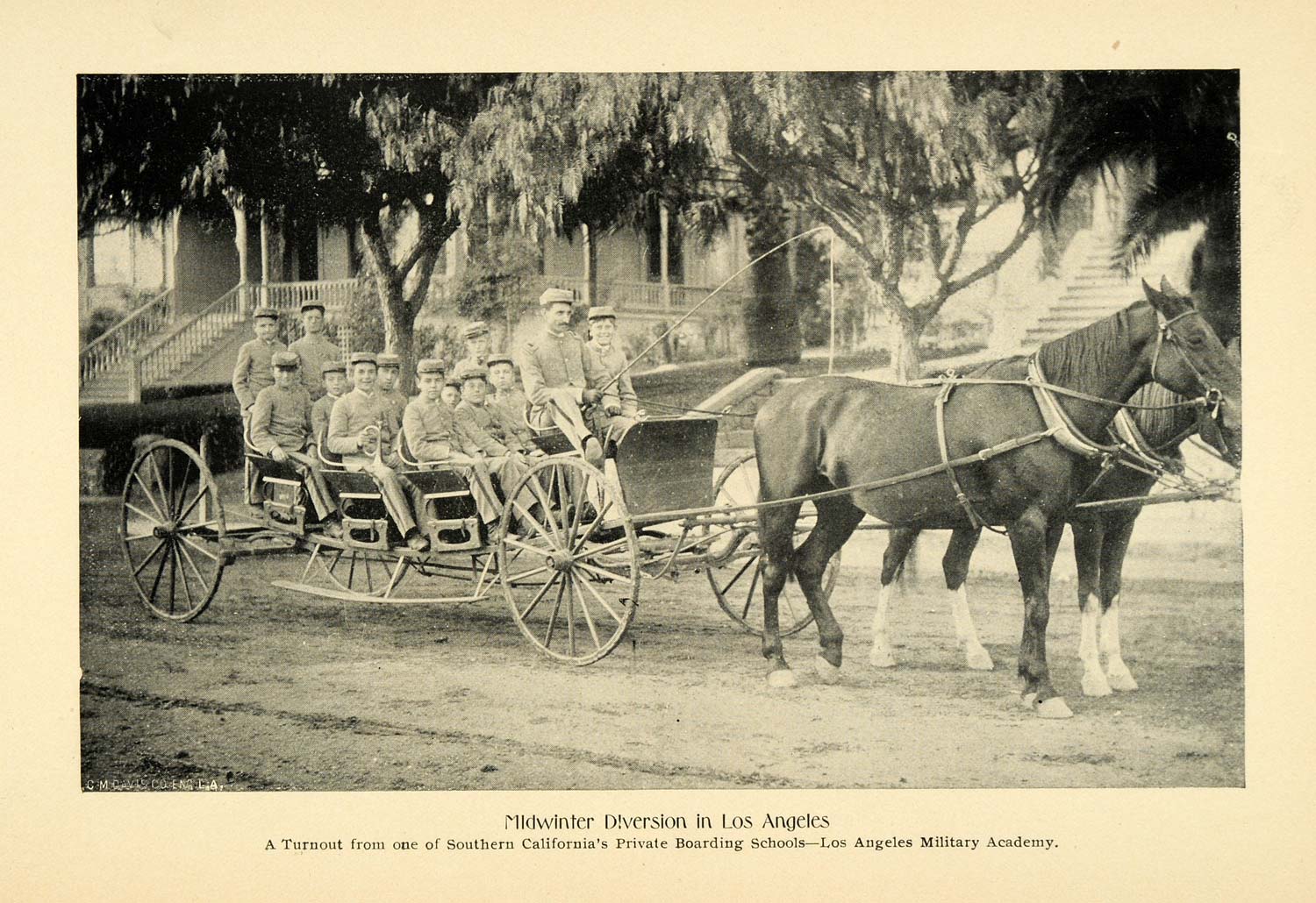 1898 Print Los Angeles Military Academy Boys Buggy Ride ORIGINAL HISTORIC LOS1