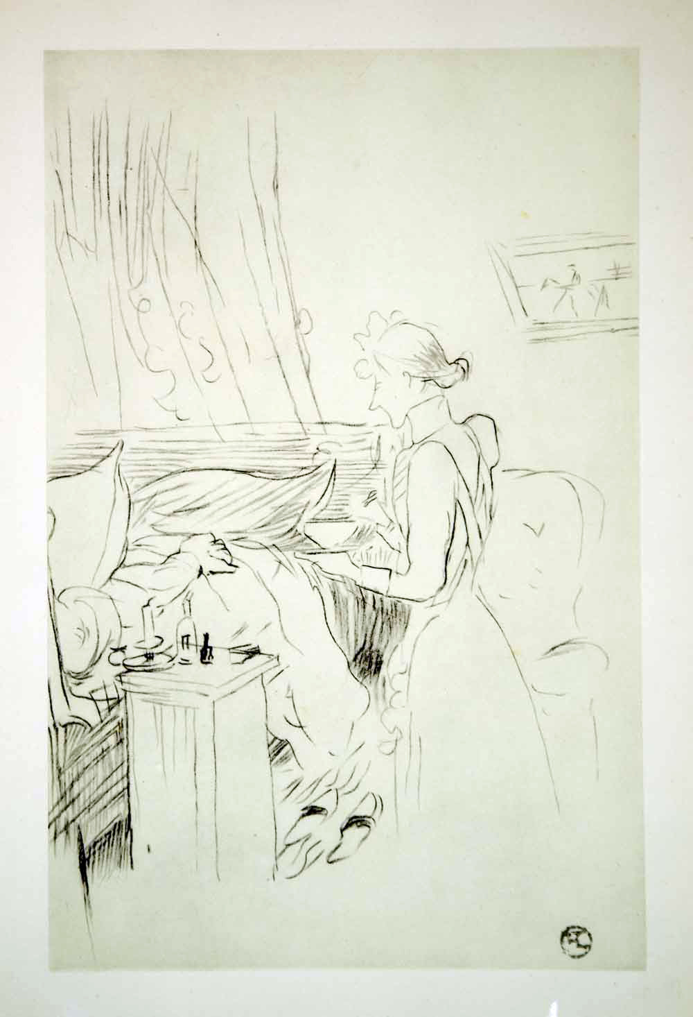1951 Lithograph Toulouse-Lautrec Malade Invalid Patient Nurse Drawing Portrait