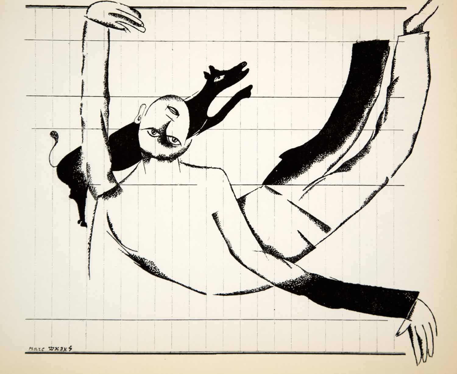 1950 Lithograph Marc Chagall Art Figure Falling Animal Line Drawing Abstract