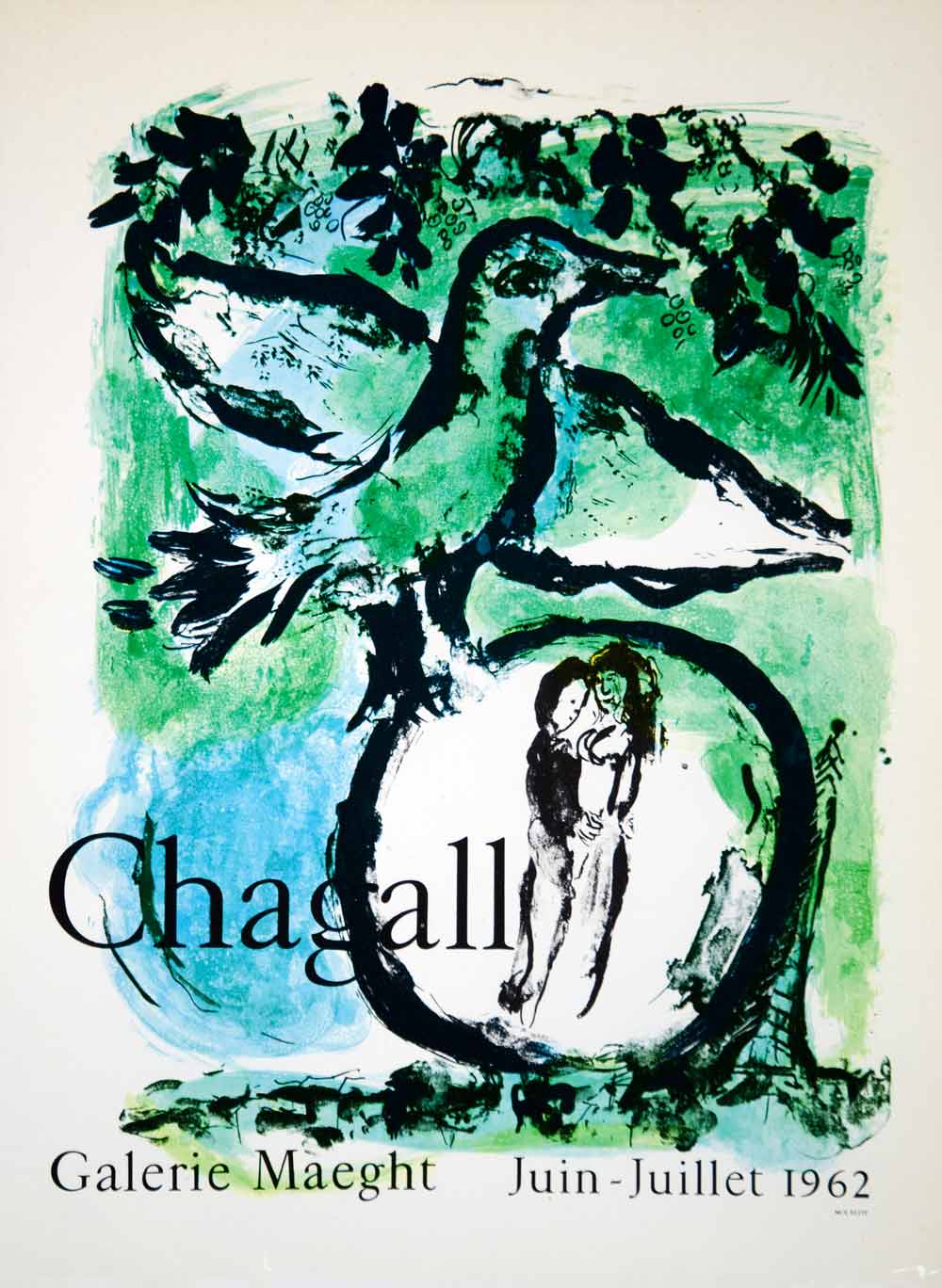 1966 Lithograph Marc Chagall Dove Lovers Poster Art Exhibition Galerie Maeght