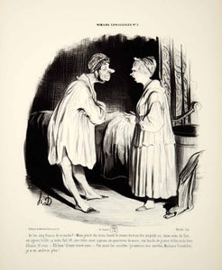 1968 Lithograph Honore Daumier Art Married Life Couple Arguing Bedtime Argument