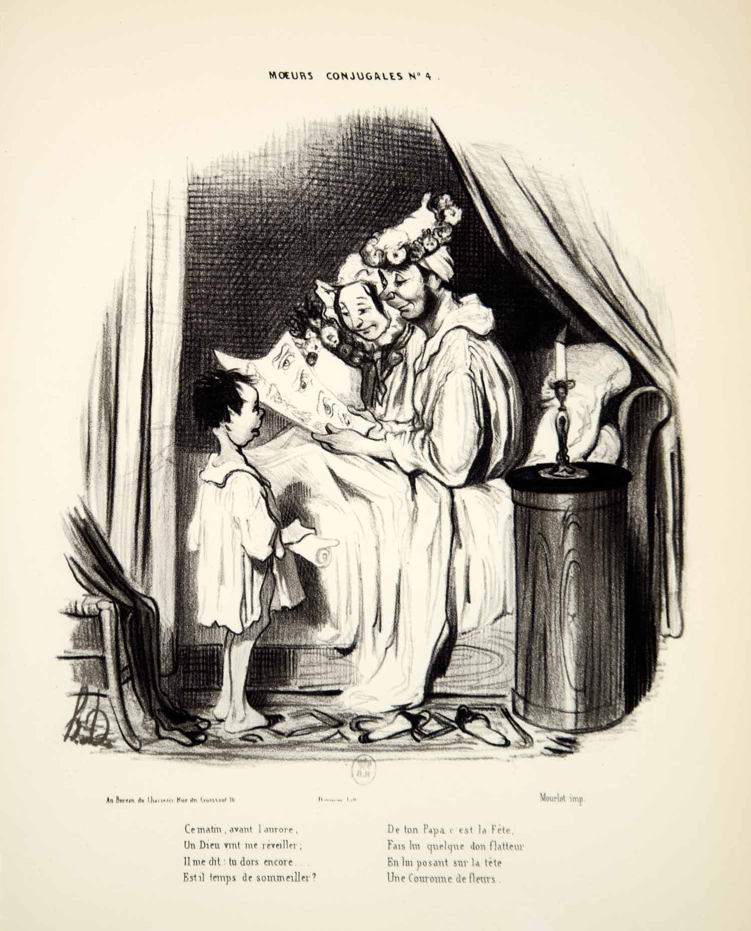 1968 Lithograph Honore Daumier Art Married Life Couple Mother Father Child Boy