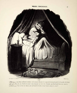 1968 Lithograph Honore Daumier Art Married Life Husband Reading Wife Bedroom Bed