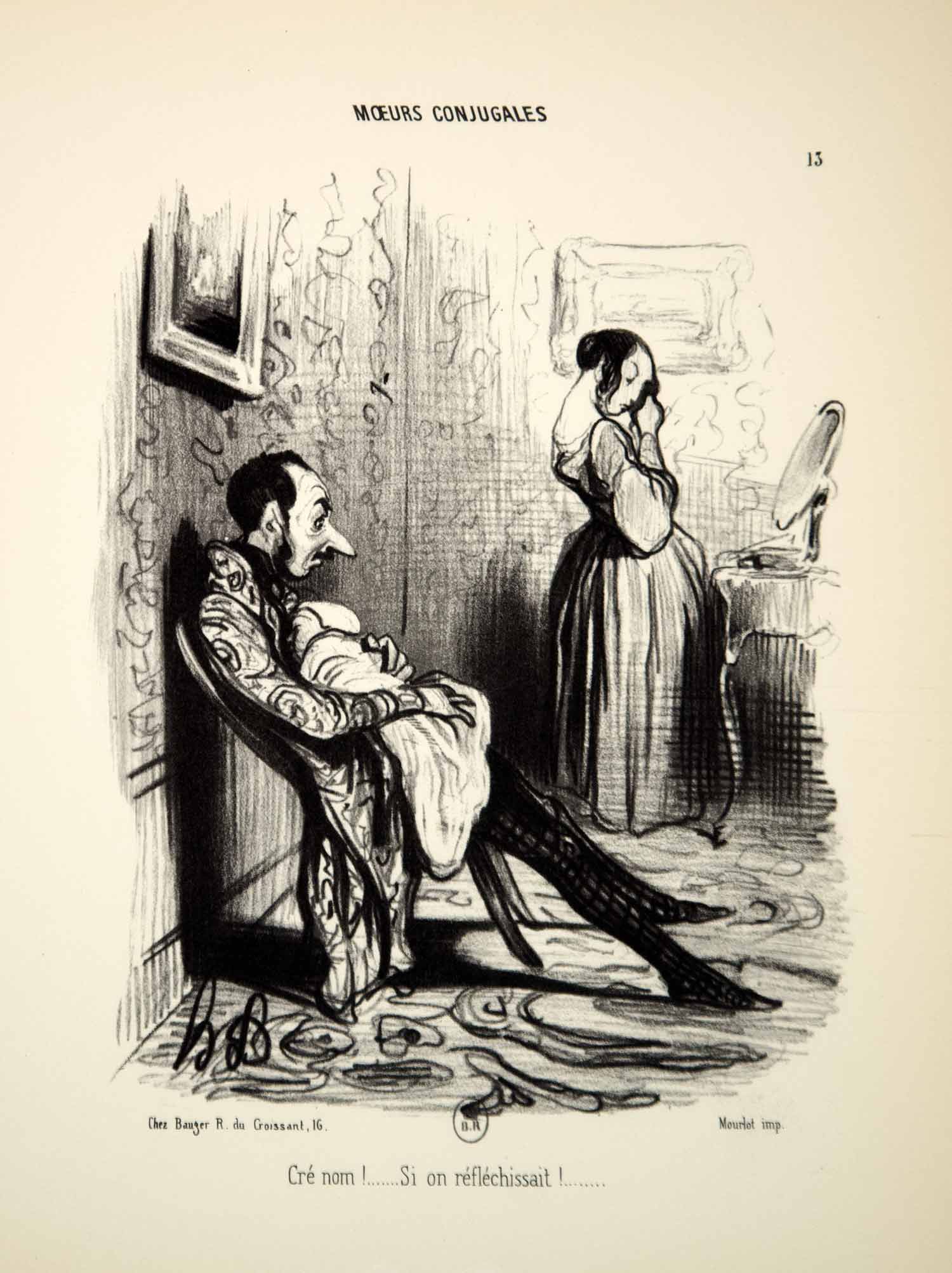 1968 Lithograph Honore Daumier Art Married Life New Parents Husband Baby Wife