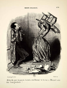 1968 Lithograph Honore Daumier Art Married Life Angry Wife Husband Fighting Rage