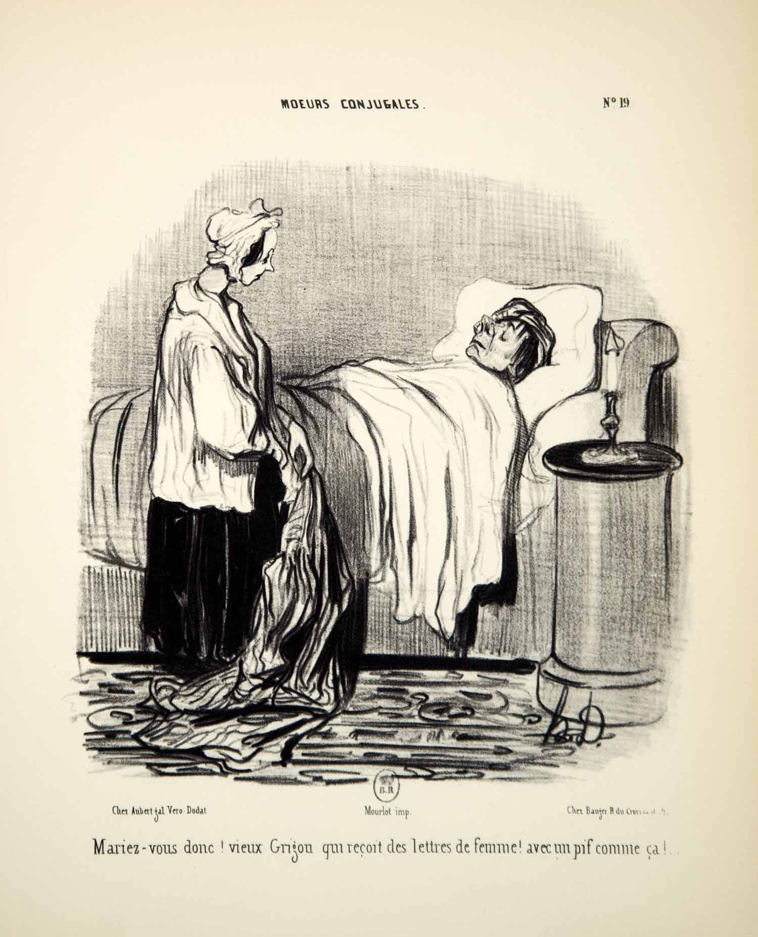 1968 Lithograph Honore Daumier Art Married Life Angry Wife Husband Bedroom Bed