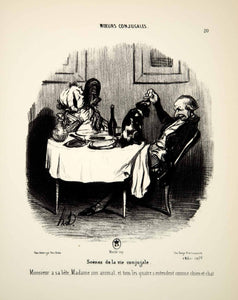 1968 Lithograph Honore Daumier Art Married Life Husband Wife Dinner Table Pets