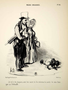 1968 Lithograph Honore Daumier Art Married Life Couple Husband Wife Pooping Dog