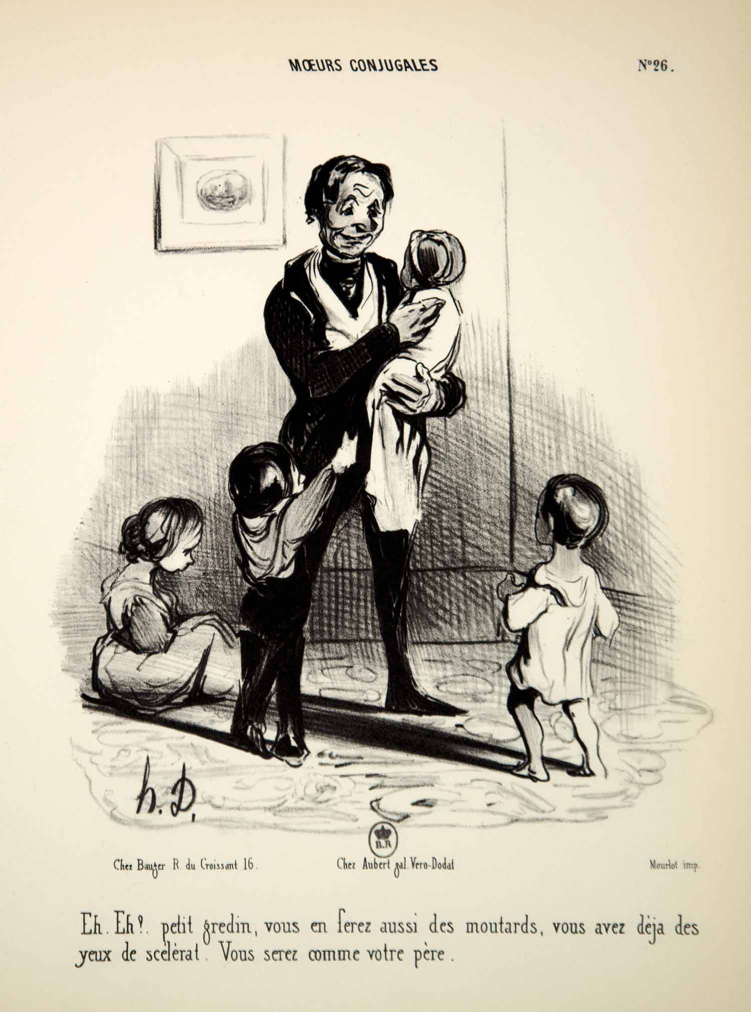1968 Lithograph Honore Daumier Art Married Life Father Family Children Baby Kids