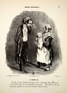 1968 Lithograph Honore Daumier Married Life Father Firstborn Infant Baby Nurse