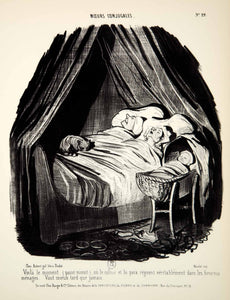1968 Lithograph Honore Daumier Married Life Couple Sleeping Infant Baby Bassinet