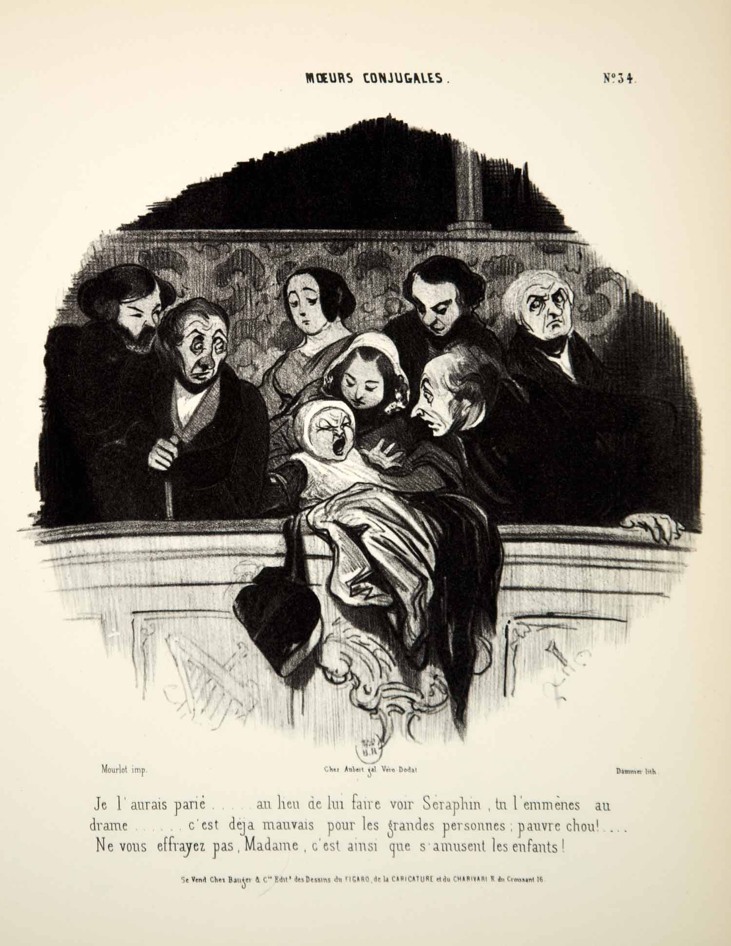 1968 Lithograph Honore Daumier Art Married Life Parents Crying Baby Theatre