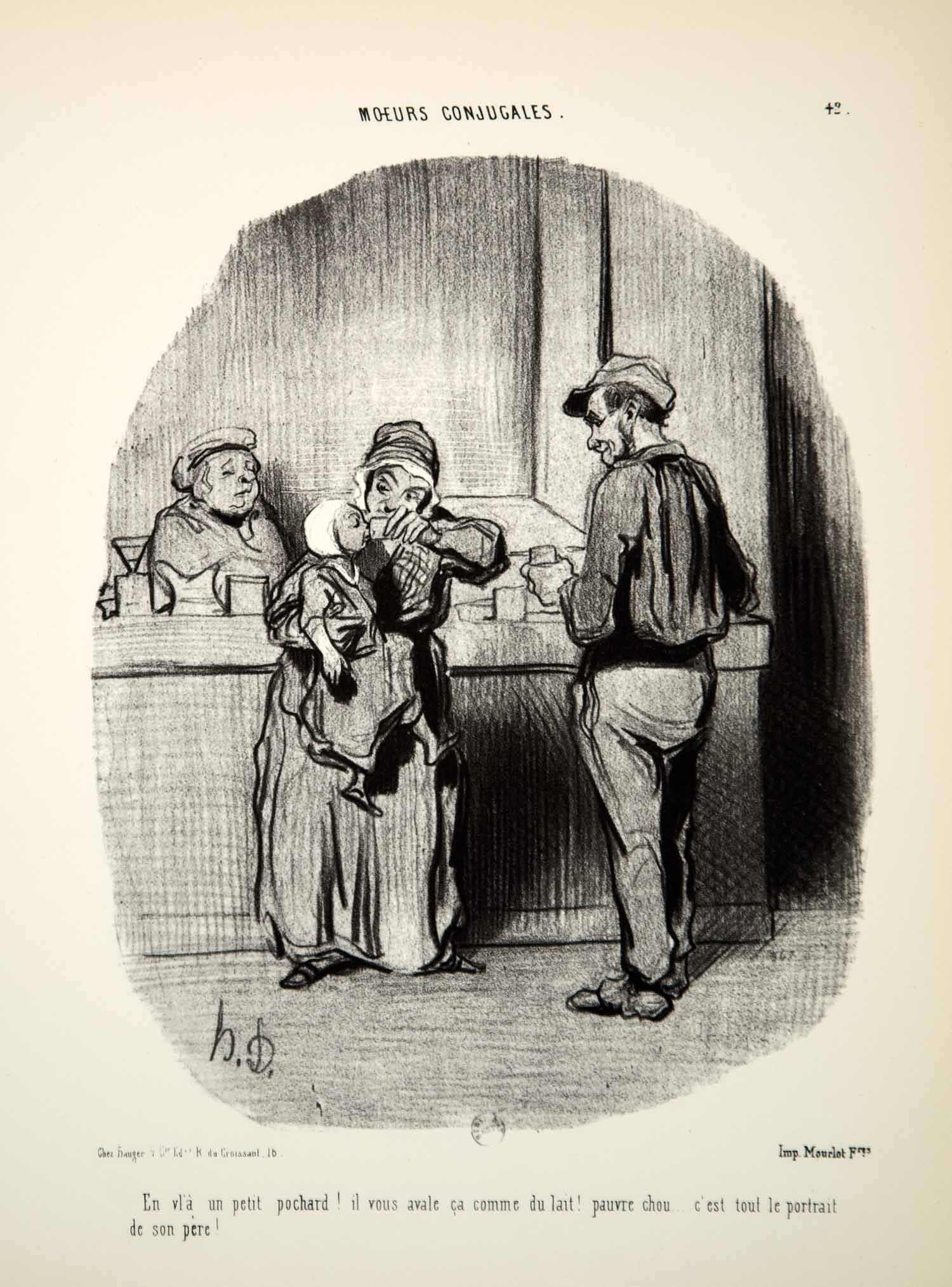 1968 Lithograph Honore Daumier Married Life Working Class Tavern Bar Drunk Baby