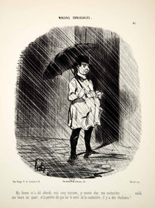 1968 Lithograph Honore Daumier Art Married Life Husband Standing Rain Umbrella