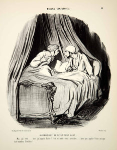 1968 Lithograph Honore Daumier Art Married Life Husband Wife Bed Sleep Talking