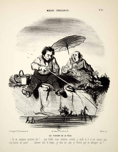 1968 Lithograph Honore Daumier Art Married Life Couple Fishing Pole Husband Wife
