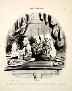1968 Lithograph Honore Daumier Art Married Life Butcher Shop Sausages Wife Baby