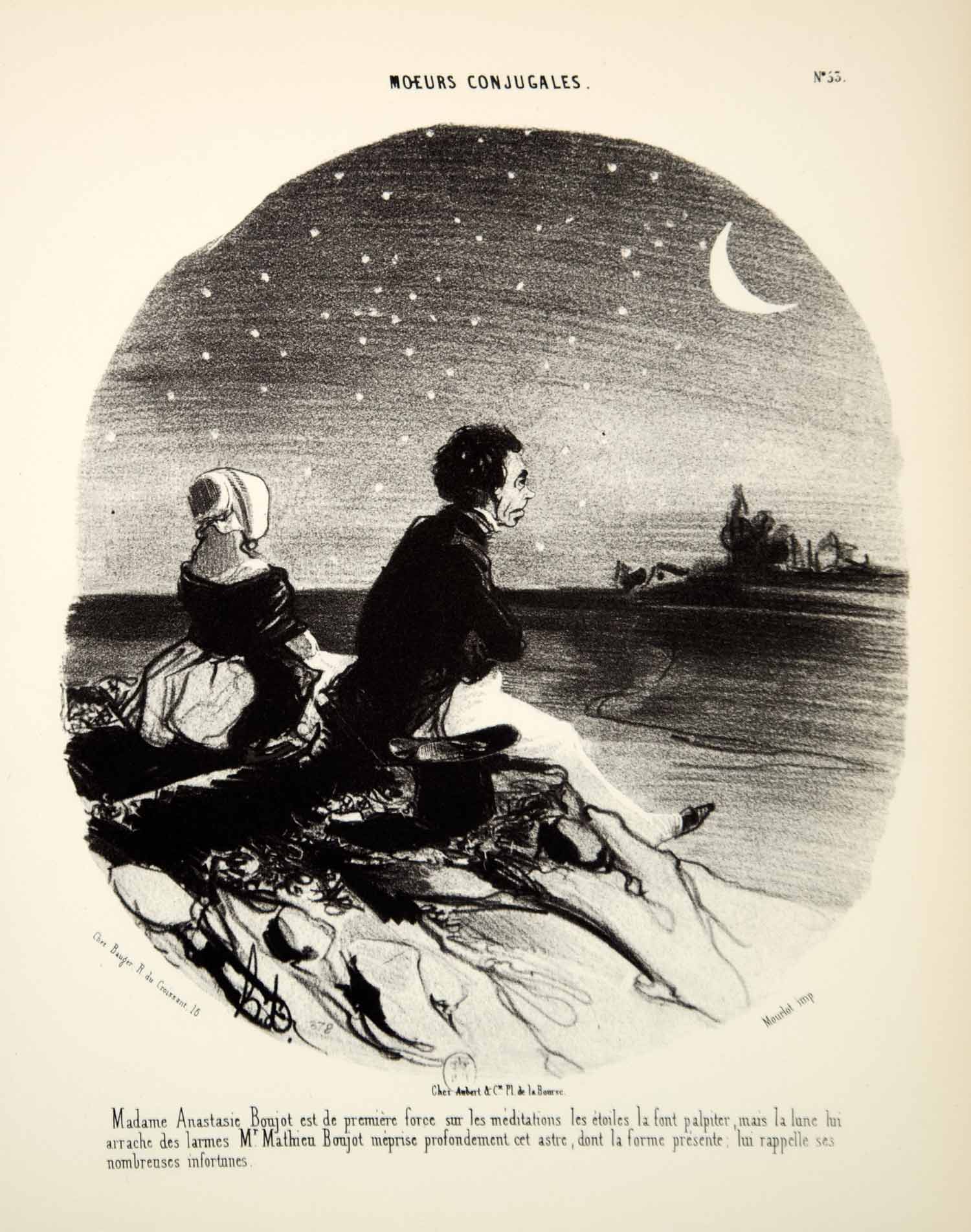 1968 Lithograph Honore Daumier Art Married Life Couple Husband Wife Stars Moon