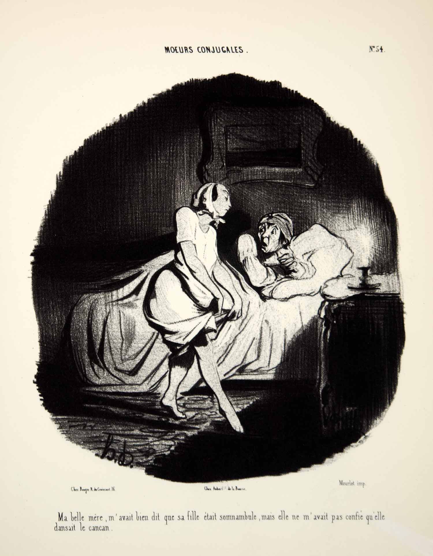 1968 Lithograph Honore Daumier Art Married Life Husband Wife Sleep Dancing Bed