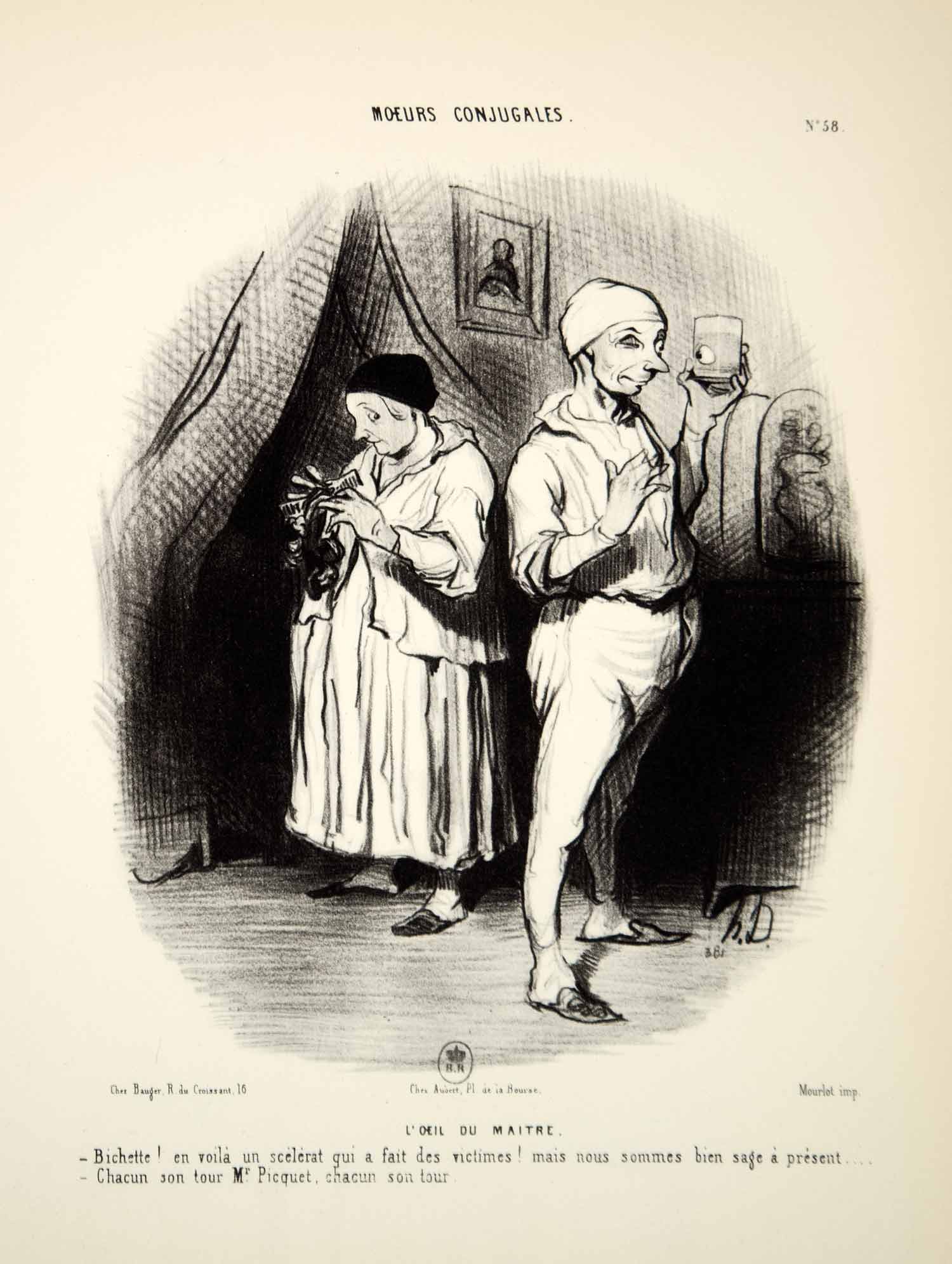 1968 Lithograph Honore Daumier Art Married Life Elderly Couple Bedtime Glass Eye