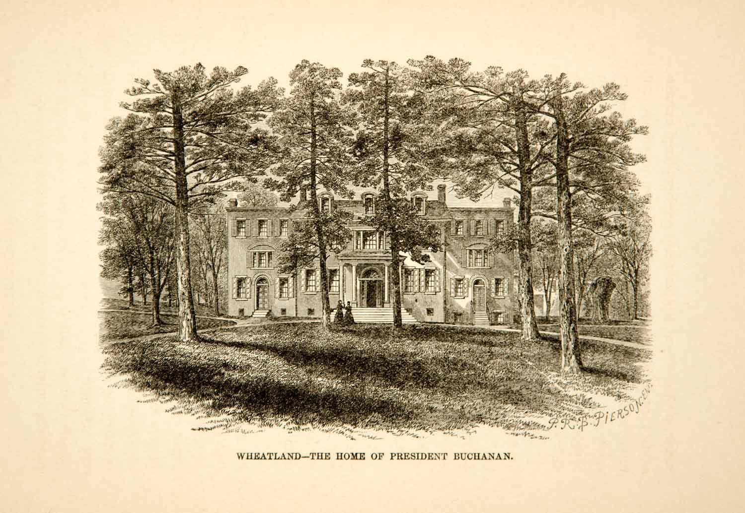 1881 Wood Engraving Art Wheatland James Buchanan House Estate Landmark LWH1