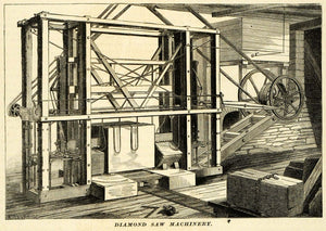 1873 Print Diamond Saw Machinery H & J L Young NY Vintage Stonecutting MAB1