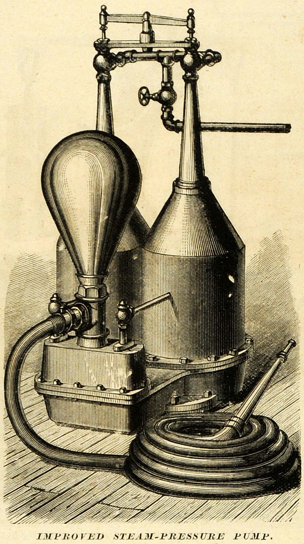 1873 Print Improved Steam Pressure Pump William Burdon Vintage Machine MAB1