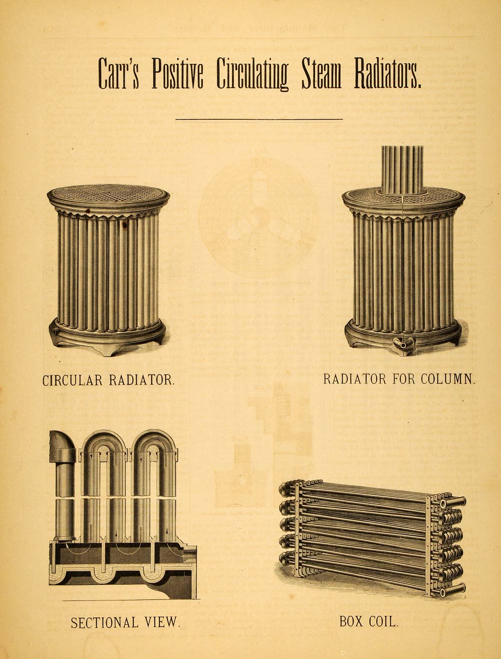 1873 Print Carr's Positive Circulating Steam Radiator Antique