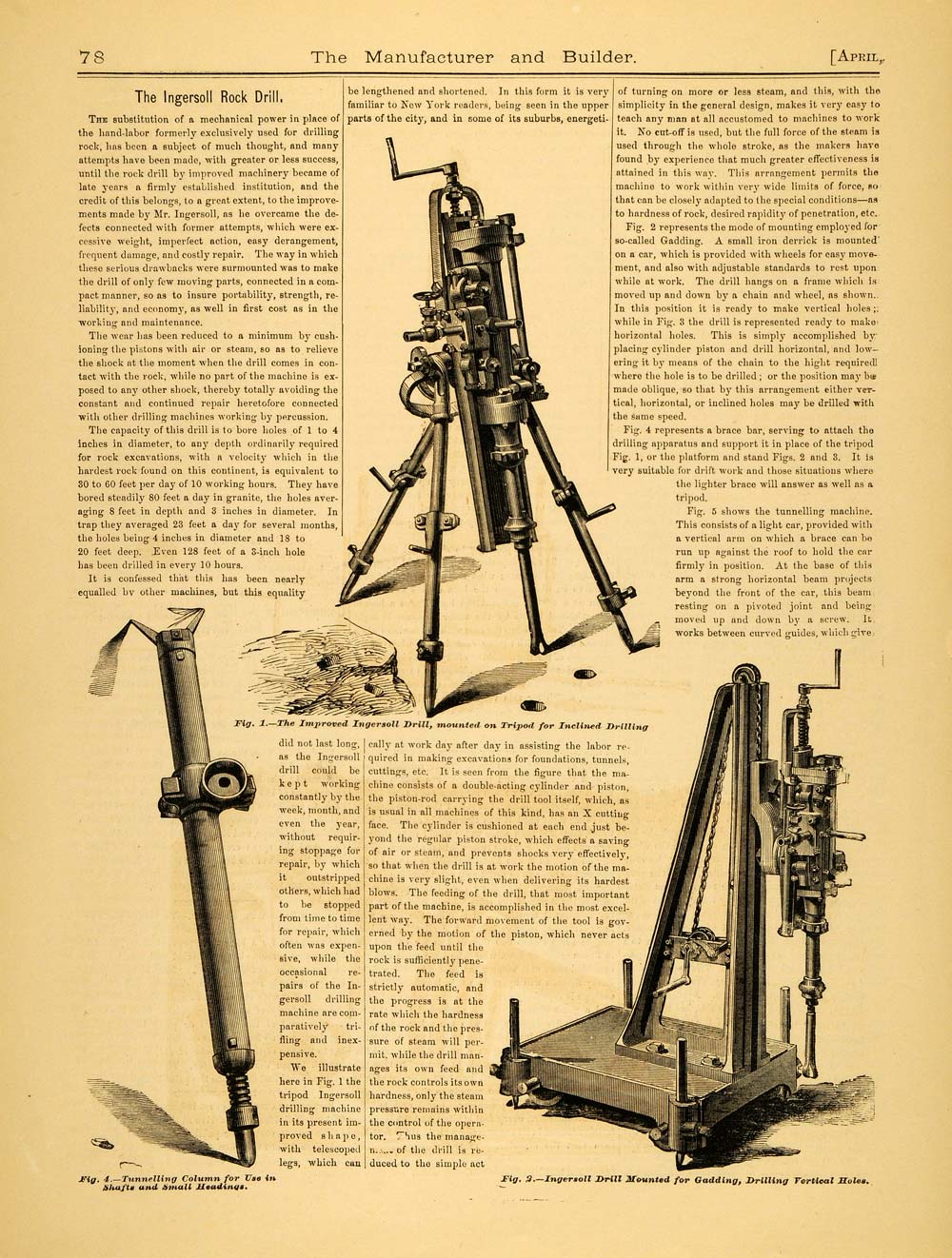 ancient gear drill 1874 Article Ingersoll Rock Drill Tripod Antique Machine Mine Mining M – Period Paper Historic Art LLC