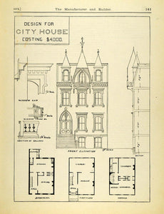 1874 Print Victorian Architecture City House Floor Plan Design Front MAB1