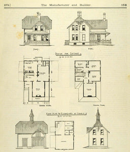 1874 Print Cottage Stable Victorian Architecture Floor Plan Front Side MAB1