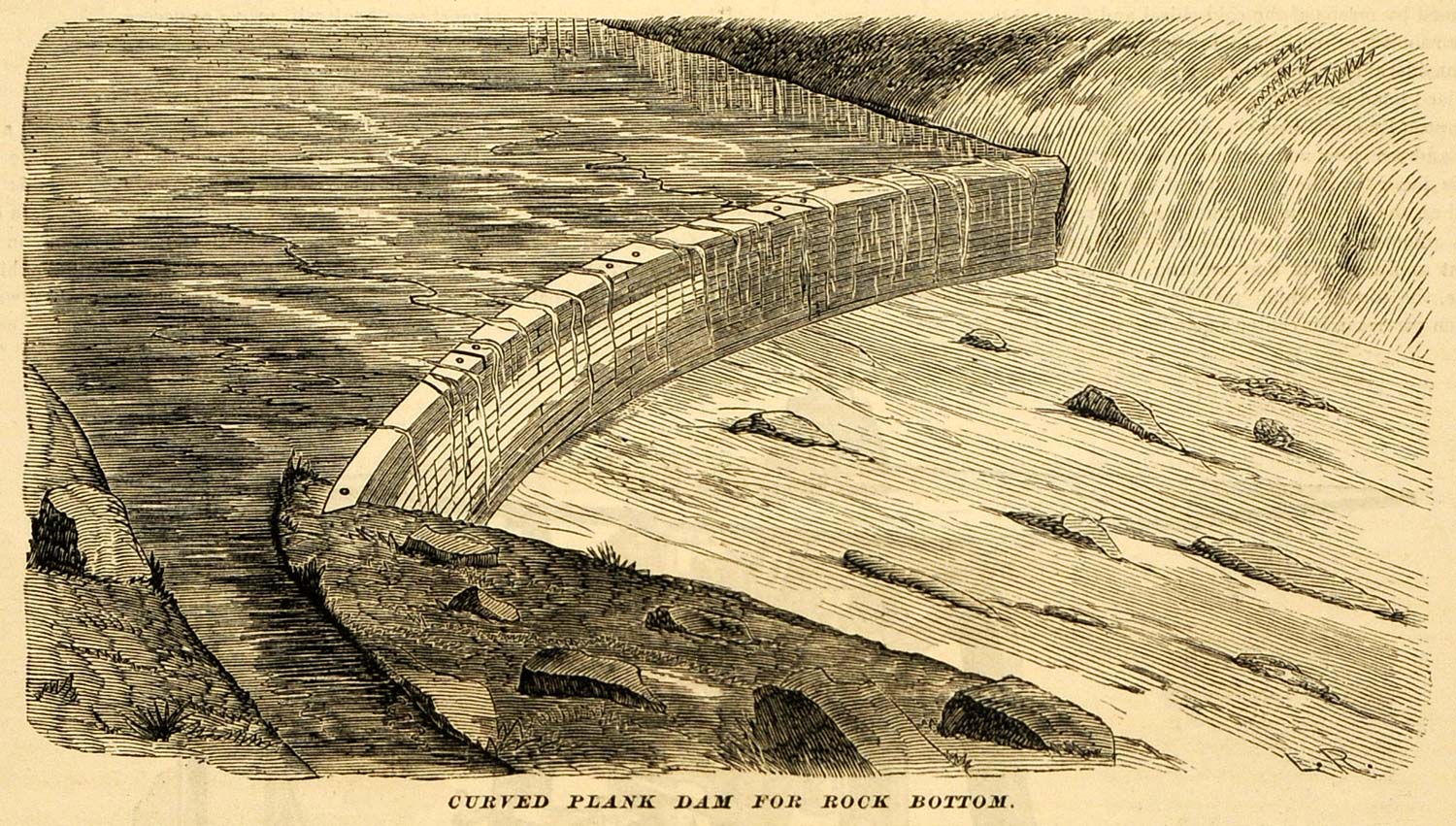 1874 Print Wooden Plank Dam Construction Architecture Mill Stream Rocky MAB1
