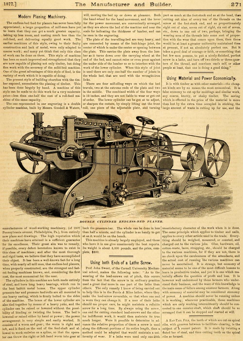 1877 Article Double Cylinder Endless-Bed Planer Antique Machine Goodell MAB1