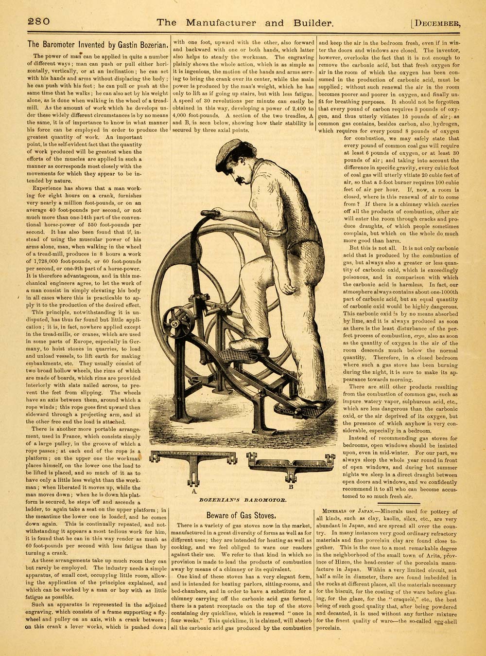 1877 Article Gastin Bozerian Foot Power Engine Barometer Treadmilll MAB1