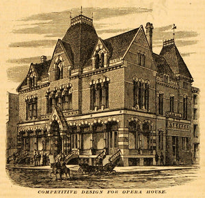 1877 Print Victorian Opera House Architectural Design Brick Stone MAB1